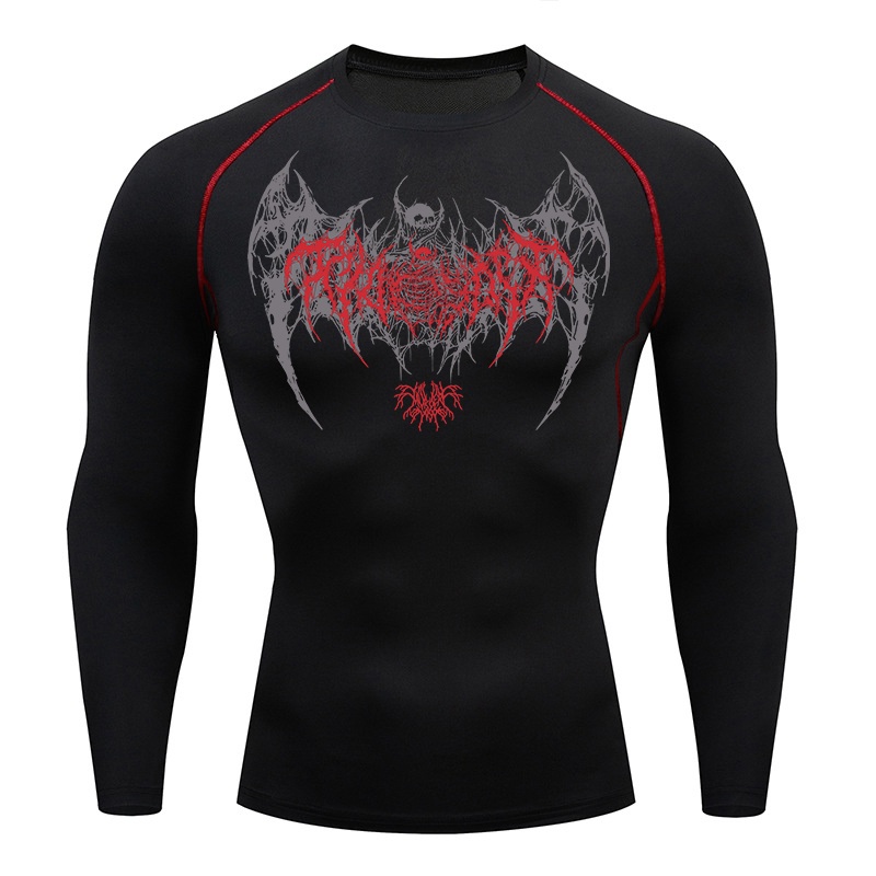 Compression Shirt Workout - Skull Wings Print Long Sleeve Compression